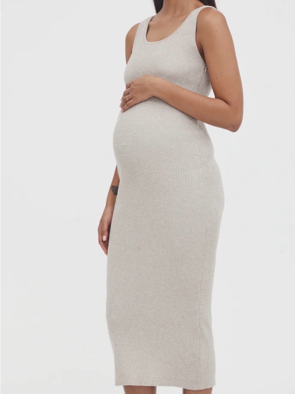 Legoe Heritage Coastline II Ribbed Maternity Midi Dress in Light Taupe